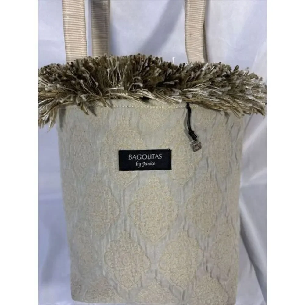 Bagolitas By Janice Purse With Fringe Baby Blue/beige Geometric‎ Print